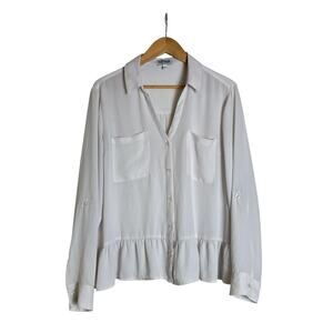 Express Women's Chiffon Rolled Tab Sleeve Button Up Ruffle Hem Top Sz XL Oyster